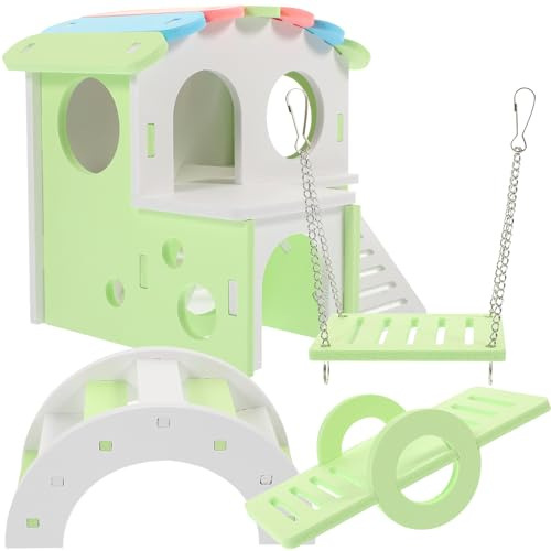 UKCOCO 4pcs Hamster Set Small Pet Nest with Green Swing, Teeter Totter, Large Green-white Arch Bridge, and Colorful Roof Villa Hamster House for Small Animals Habitat