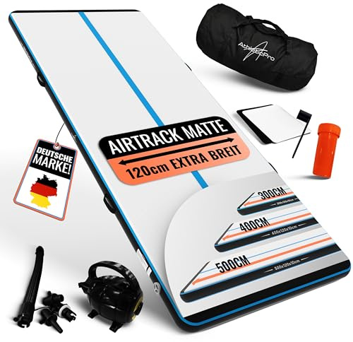 AthleticPro Airtrack-matta [3 m/4 m lång] – 120 cm extra bred – 10/20 cm höjd – uppblåsbar gymnastikmatta för golvgymnastik och akkrobatik inkl. elektrisk pump, reparationssats och väska (500 x 120 x