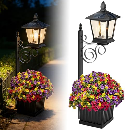 Solar Lamp Post with Planter, 35 Inch 2-in-1 Outdoor Flower Pots Solar Lamp Post Light, IP54 Waterproof Metal Solar Post Light with Planter, Garden Patio Front Porch Pathway (A)