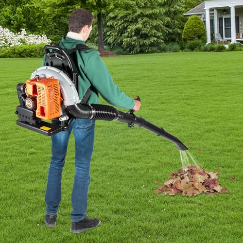 Souffleur de feuilles à essence 65 CC - Moteur 2 temps refroidi par air - Souffleur de feuilles léger sans fil avec bretelles de confort améliorées et équipement de sécurité - Pour jardin, feuilles