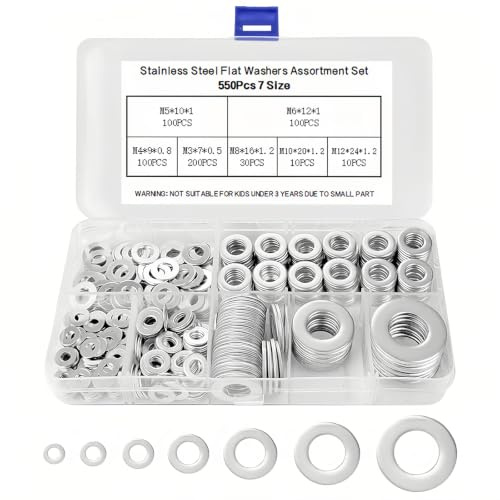 550 Piezas Arandelas Metálicas de Seguridad para Tornillos | Arandelas Acero Inoxidable Planas,para Reparaciones,Fontanería,Bloqueo,Fabricas,7Tamaños,M3/M4/M5/M6/M8/M10/M12
