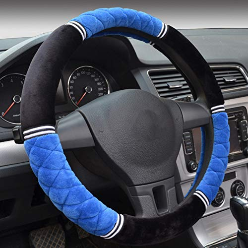 Proumhang Non-slip Steering Wheel Cover Short Plush Winter Warm Soft 38cm/15inch Black + Blue