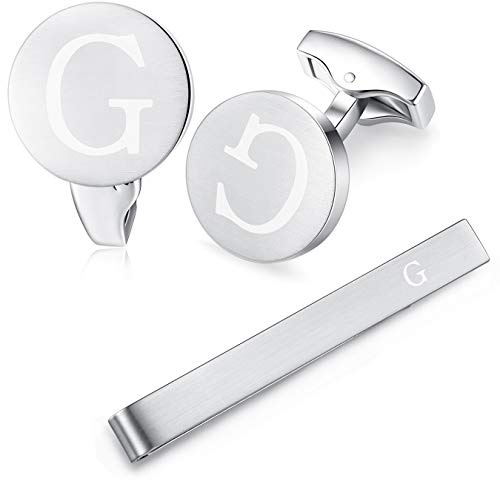 HONEY BEAR manschettenknöpfe & krawattennadel Set Initialen Buchstabe Herren Edelstahl Hochzeit Cufflinks Manschettenknopf Silber，A-Z,MEHRWEG (G)