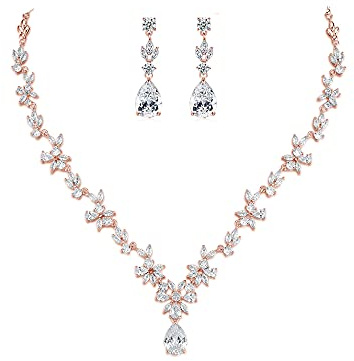 SNORSO Bijoux Parure Femme Collier et Boucles d'oreilles Plaqué Or Rose Fleur Feuille Pendentif Goutte d'eau Parures de Mariage Soirée