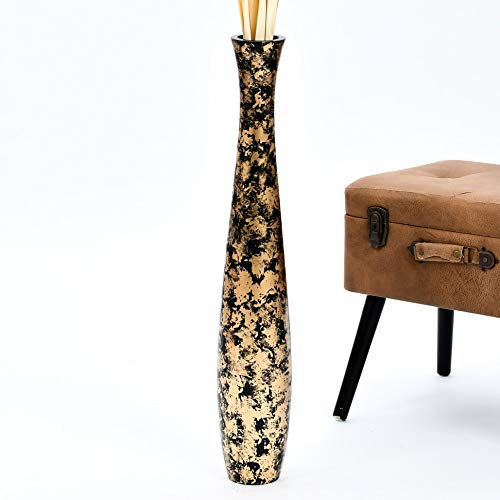 Leewadee Grand Vase A Poser Au Sol pour Branches Décoratives De Pampa, Vase en Bois De Manguier, 65 cm, Doré