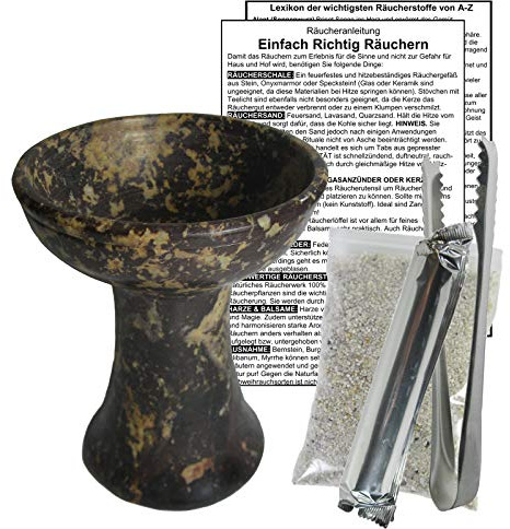 RÄUCHERSCHALE XL Räuchergefäß Set mit Kohle - Räucherkelch NATURSTEIN + RÄUCHERZANGE zum räuchern für jedes Räucherwerk, Weihrauch, Hausreinigung, Rauhnächte mit Räucheranleitung, ZUBEHÖR. 81001-B02
