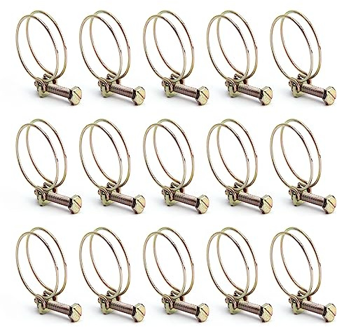 MroMax Stahldraht-Schlauchschellen, verstellbar, Doppeldraht-Rohrschellen, Schraube, 15 Stück, 38 mm (Innendurchmesser) x 2 mm (Rohrdurchmesser), Messing, Eisen und verzinkte Oberfläche