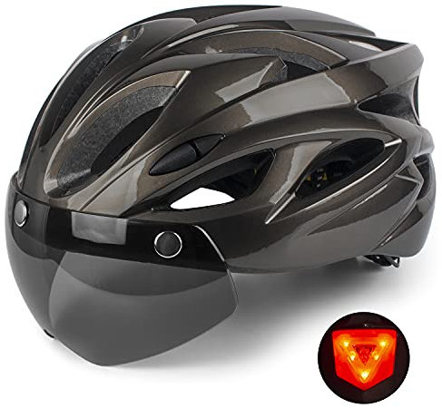 Shinmax Fahrradhelm Herren Damen,Fahrradhelm mit Visier Abnehmbarer Schutzbrille MTB Helm mit LED Rücklicht Sicherheitsschutz für Erwachsene Radhelm Einstellbarer 56-62CM
