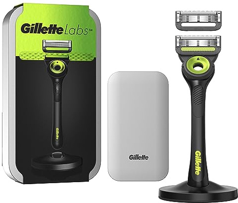 Gillette Labs Herrenrasierer mit Peeling-Stick, Reiseetui, 2 Ersatzklingen | 1 schwarzer Metallgriff mit integriertem Peeling-Stick + 2 Rasierklingen mit 5 Klingen