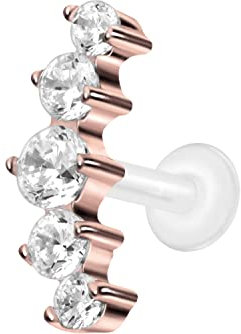 PIERCINGLINE PTFE Labret mit Gewinde Titan Aufsatz 5 EINGEFASSTE KRISTALLE Piercing Lippe Nase Ohr Helix Tragus Medusa Roségoldfarben 1,2 x 6 mm