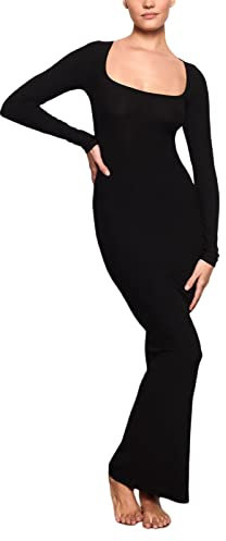 ZZLBUF Women Long Sleeve Square Neck Skims Dress Spring Autunmn Stretchy Cozy Dress Bodycon Maxi Dresses
