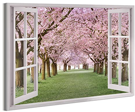 Window View Cherry Blossom Picture: Bedroom Aesthetic Flower Wall Art Nature Scene Canvas Print Living Room Modern Tree Scenery Artwork Landscape Painting Decor for Home Office