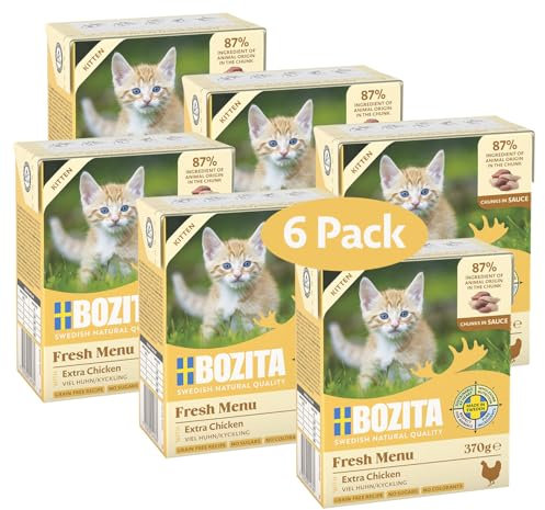 Bozita Tetra Häppchen in Sauce mit Huhn für Kitten – 6x370g Getreide- & zuckerfreies Premium-Katzenfutter, ohne Gentechnik, mit 7,5% Protein und 5% Fettgehalt – leckeres Nassfutter für Jungkatzen