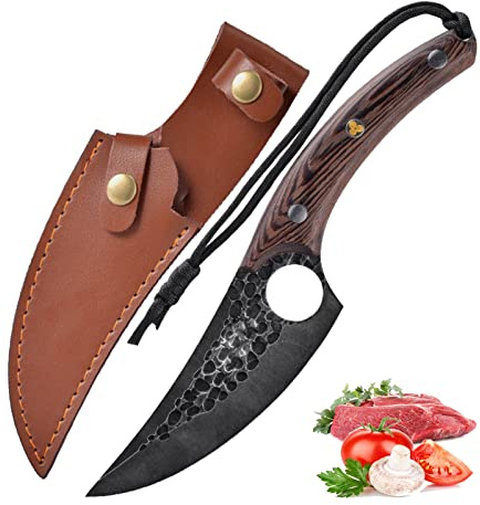 Fubinaty japanisches Kochmesser Handgemachte geschmiedete Outdoor Camping Küchenmesser High Carbon Stahl Viking Boning Messer mit echtem Leder Hülle und Lanyard Full Tang Holz Griff