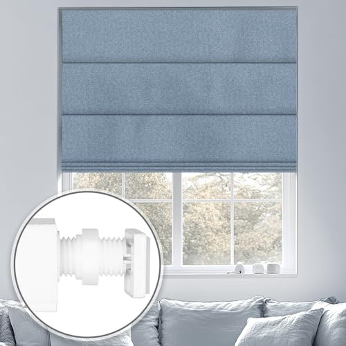 Sulugood No Tools No Drill Cordless Blackout Roman Shades, Room Darkening. Roller Blinds for Window, Roll Up Blinds for Window Bedroom, Living Room..Blackout Blue,Custom Size.