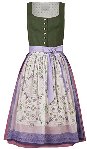 Hans Moser Dirndl Ausseer Leinendirndl mit handbedruckter Chiffon Schürze 100% Leinen 100% Baumwolle Balkonett Porzellan-Knöpfe Dirndlkleid Tracht Kleid Trachtenkleid midi grün lila rosa