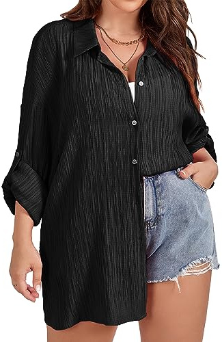SCOMCHIC Women Plus Size Button Down Shirts Long Roll Up Sleeve V Neck Collared Casual Blouses Oversized Shirt Tops Black