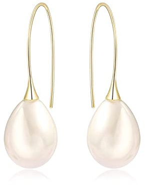 Voaino 925 Sterling Silver Big White Teardrop Pearl Dangle Drop Earrings for Women Lightweight Simple Gold Hoop Dainty Pearl Dangling for Brides Weddings