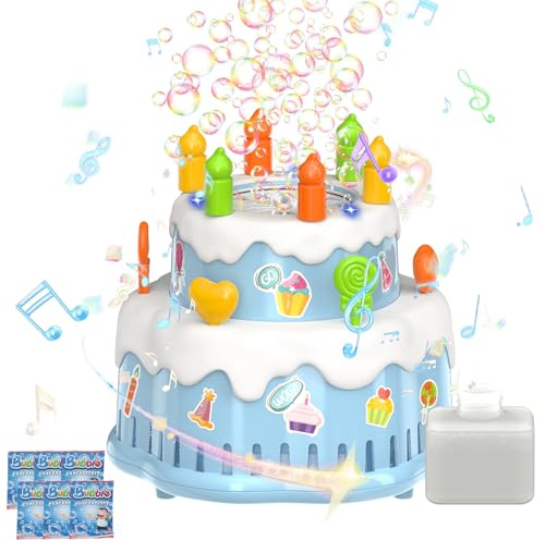 Panacare Födelsedagstårta tvålbubbelmaskin, tvålbubbelleksak för barn 10 000 bubblor/minut med 6 x såpbubbellösning/musik, present till födelsedag/fest/bröllop/påsk/barnens dag