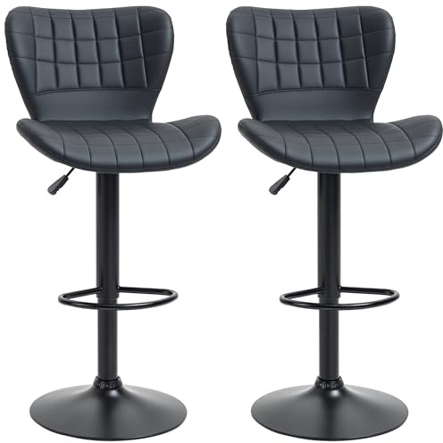 HOMCOM Barstuhl Barhocker für Küche 2er-Set 47 x 51,5 x 89-109 cm Schwarz | Bistrohocker, Tresenhocker, Mit Rückenlehne, Küchenhocker, Drehstuhl, Für Esszimmer, Kunstleder-Bezug