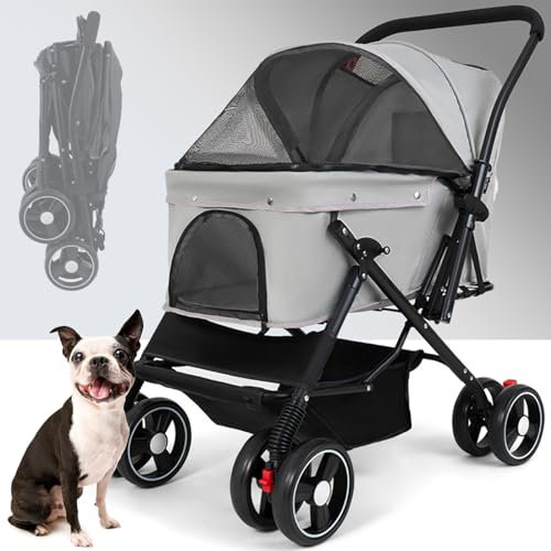 RUYICZB Hundebuggy Faltbar, Hundebox Transporttasche Klappbar Bis 25Kg, Hunde Haustier Buggy Pet Stroller Roadster Für Kleine Hunde Katzen Mit Aufbewahrungskorb, Sonnenschutz, Netzfenster,Grau