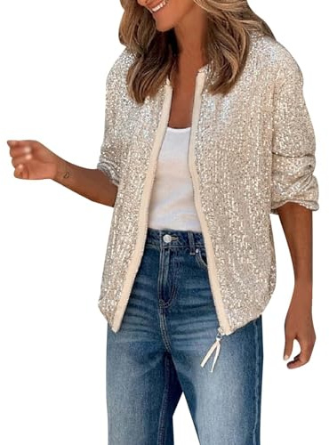 Fulidngzg Bomber Lentejuelas Mujer Chaqueta Bodas Talla Grande Blazer Motero De Vestir XXL Fiesta Carnaval Blanca Informal