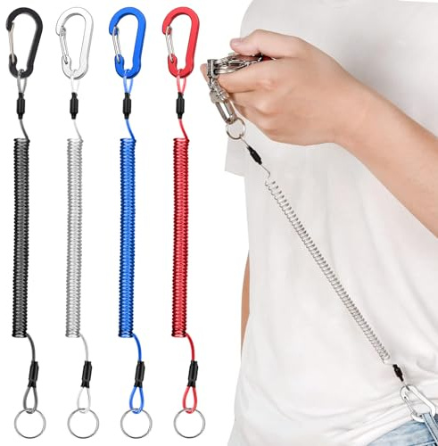 KUAOWT Mosquetón Llavero Espiral, 4 Piezas Muelle Extensible con Mosquetones Escalada, Cordón de Seguridad Elástico para Remo, Kayak, Camping, Caza