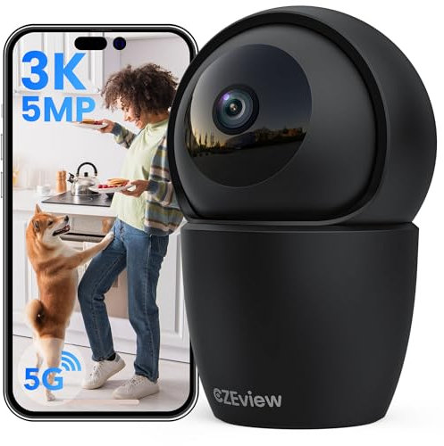 CZEview 3K Cámara de vigilancia WiFi Interior, 5MP Cámara para Mascotas, Visión Nocturna, 360°, Notificaciones en Tiempo Real, Detección de Movimiento, Ruidos, Compatible con Alexa (Negro)