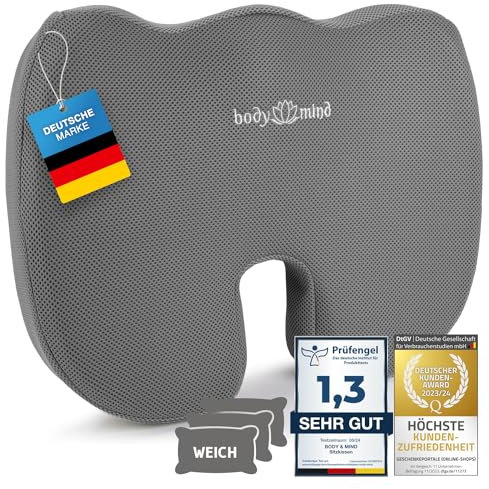 Body & Mind® Orthopädisches Sitzkissen Keilkissen Ergonomische Stuhlauflage Bürostuhl-Kissen; Autositz-Kissen; Schmerzreduzierend, Fördert Durchblutung, Entlastet Steißbein & Wirbelsäule (H1 - Weich)