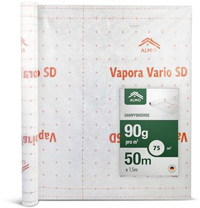 ALMO Frein à vapeur 50m x 1,5m (75m²) - Film de frein à vapeur régulant l'humidité pour l'aménagement intérieur et la construction de toit | Membrane climatique facile à monter pour une housse