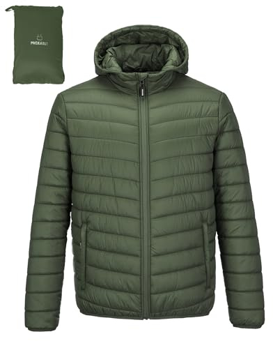 Outdoor Ventures herr quiltad jacka vattentät vinterjacka buffertjacka | Förvaringsbar, lätt övergångsjacka med huva, fodrad utomhusjacka för vandring, resor, fritid