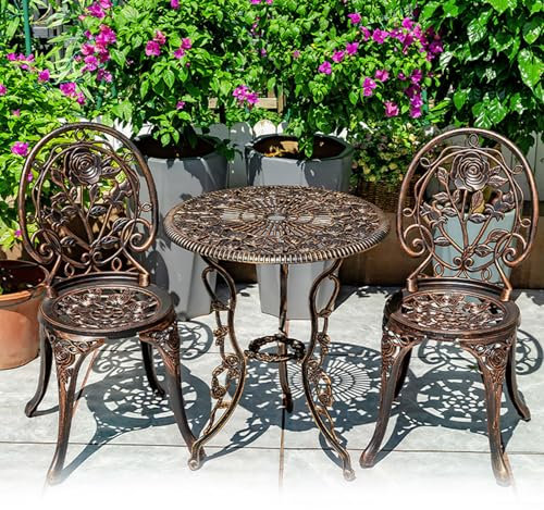 3-teiliges Bistro-Set aus Aluminiumguss, mit Regenschirm, Tisch und Stühlen, wetterbeständig, antikes Finish, Terrassenmöbel für Balkon, Veranda, Hof, Outdoor-Gesprächsset