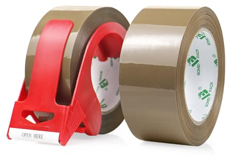 BOMEI PACK Nastro Adesivo Pacchi Marrone in Polipropilene 2Pz 4.8cm x 66mt, di nastro adesivo sicuro marrone senza bolle con 1 dispenser, Nastro Imballaggio per Spedizioni Scatoloni e Trasloco