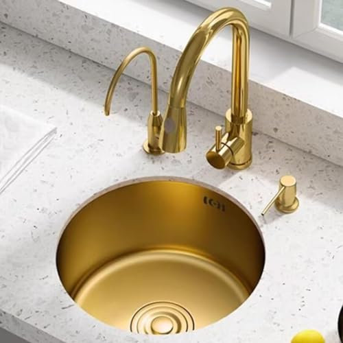 CWCQGH Évier de Cuisine en Acier Inoxydable doré à Une cuve, Mini-Lave-Vaisselle, Bar, Petit évier Rond, évier encastré avec Robinet, Robinet Propre, Tuyau de vidange(36cm Gold)
