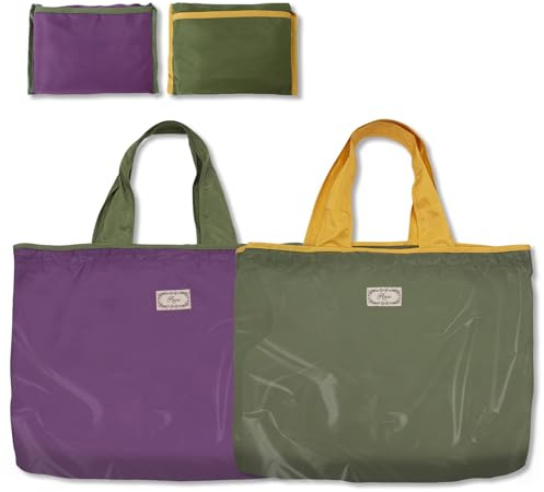 Long Keeper Borsa Spesa Pieghevole Grande Borsa Spesa Riutilizzabile con Coulisse Borse Shopper Tote Bag Ecologiche Borsa per La Shopping Viaggio ((Confezione da 2) Viola+Verde Militare)