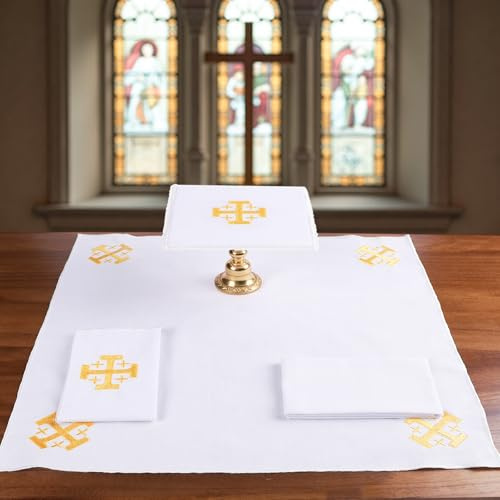TALPGOD 4 Pack Altar Supplies Linen Corporal for Churches Set (Pall,Corporal,Purificator,Towel) White Linen Altar Cloth Gold Cross Embroidery,Mass Kit Catholic for Priest