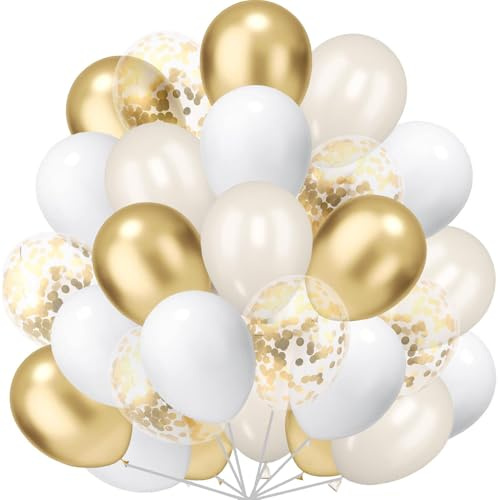 60 Stück Luftballons Gold Weiß, Metallic Golden Luftballon Konfetti Ballons Weißsand Latexballons für Hochzeit Kinder Geburtstag Taufe Boho Party Dekoration