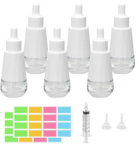 Episkey 6 Stück Glasflasche Pipettenflasche 30ml Transparent Tropfflasche Birnenform Apothekerflasche Nachfüllbarer Kleiner Probenfläschchen für Ätherische Öle Parfümöle (Transparent, 30ml)