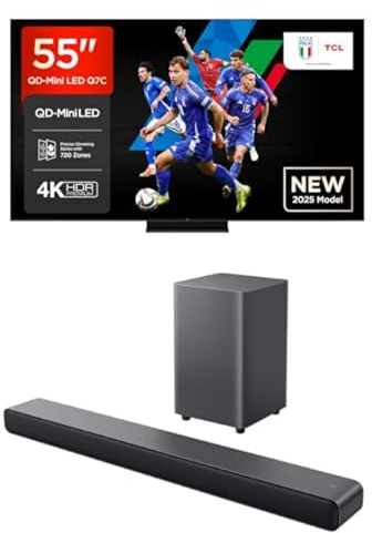 TCL Bundle of 55Q7C 55” QLED TV 4K QD-Mini LED, HDR Premium 2000, Google TV (Dolby Vision IQ & Atmos, Pannello HVA, Refresh Rate 144Hz, Game Master) Sound Bar S55H Nero 40W
