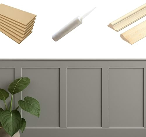 Full KIT Shaker Wall Panelling Kit Dado & Picture Rail DIY 3D Wall Panels MDF 6/9mm Decorative Interior Wall Cladding Custom Build Panel Kit Paintable Easy‑Install Feature Wall (10x 100cm Long Panel)