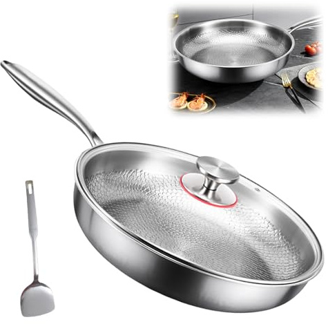 Agrdeed Titan Pro-panna med lock, 26 cm titanpanna med titanbeläggning, non-stick hamrad wok titanpanna för matlagning, mångsidiga köksredskap för stekning, bakning, biff