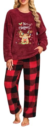 Niwicee Pigiama Donna Invernale Natalizio in Pile - Set Pigiami da Notte Due Pezzi con Natale Top e Pantaloni Lunghi con Tasche per Regalo di Natale o Loungewear da Casa