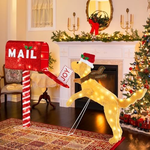 COSTWAY beleuchteter Weihnachtsdackel mit Briefkasten, 108 cm Weihnachtsdeko mit 20 warmweißen LED-Leuchten, Weihnachtsfigur wetterfest, Weihachtsdeko, Weihnachtsbeleuchtung XXL für Innen & Außen