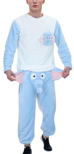 Gefomuofe Conjunto de pijama para hombre divertido, ropa de estar por casa, prenda de felpa con motivos de animales, 2 piezas, manga larga, camiseta con elefantes, pantalón, conjunto de casa, manga