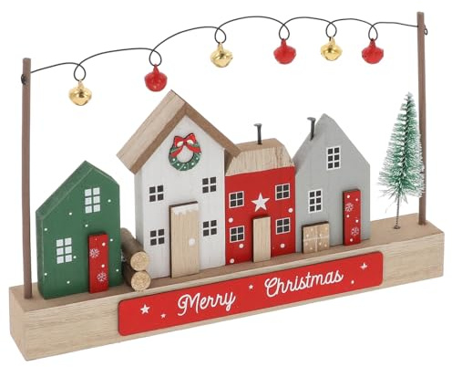 Shudehill Giftware Wooden Christmas Village Scene, Decorative Holiday Houses with Bells and Trees, Red Green White Festive Street Display with Merry Christmas Sign