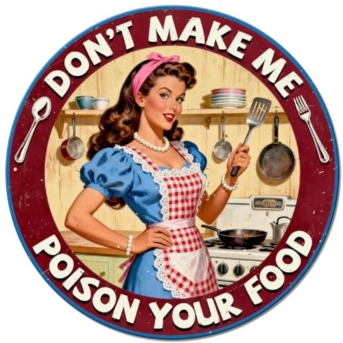 GLOBLELAND Cartel de metal vintage de dama de cocina de 10,6 x 10,6 pulgadas, divertida chica pin up para la cocina, placa de metal redonda, decoración de pared para el hogar, cocina, cafés, bares
