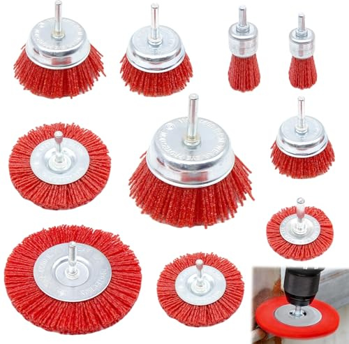 Tbintul Set di spazzole in nylon, con fusto esagonale da 1/4, 10 misure, in nylon, per la rimozione di ruggine e corrosione, per la pulizia e la sbavatura su metallo, legno pietra (10)