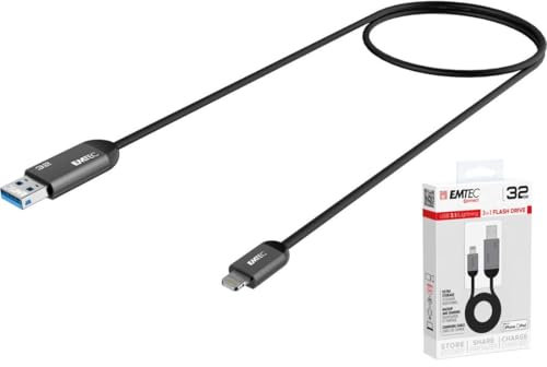 Emtec ECMMD32GT753A - Clé USB - 3.1 - Série Dual - Collection GEN.1 T750 A - 32 Go - 2 en 1 : OTG Dual USB-A / Lightning pour Smartphone et Tablette avec fonction de charge cable de 70cm Métal