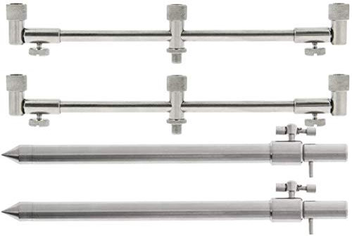 G8DS® 2 Stück Buzzbar einstellbar von 20-30 cm Edelstahl 2 Ruten + 2 Edelstahl Bankstick Small 20-35cm + Angeln Rutenauflage Rute