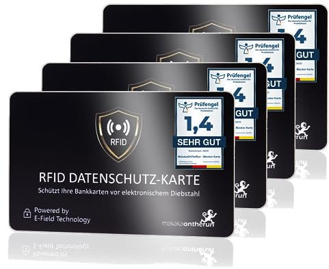 MakakaOnTheRun 4X RFID Blocker Karte (3fach geprüft: DEKRA + EMV + HF-Labor) 360° Schutzkarte für Geldbörse - NFC Blocker Karte - Schutzkarte gegen Datenklau - RFID Blocker Card